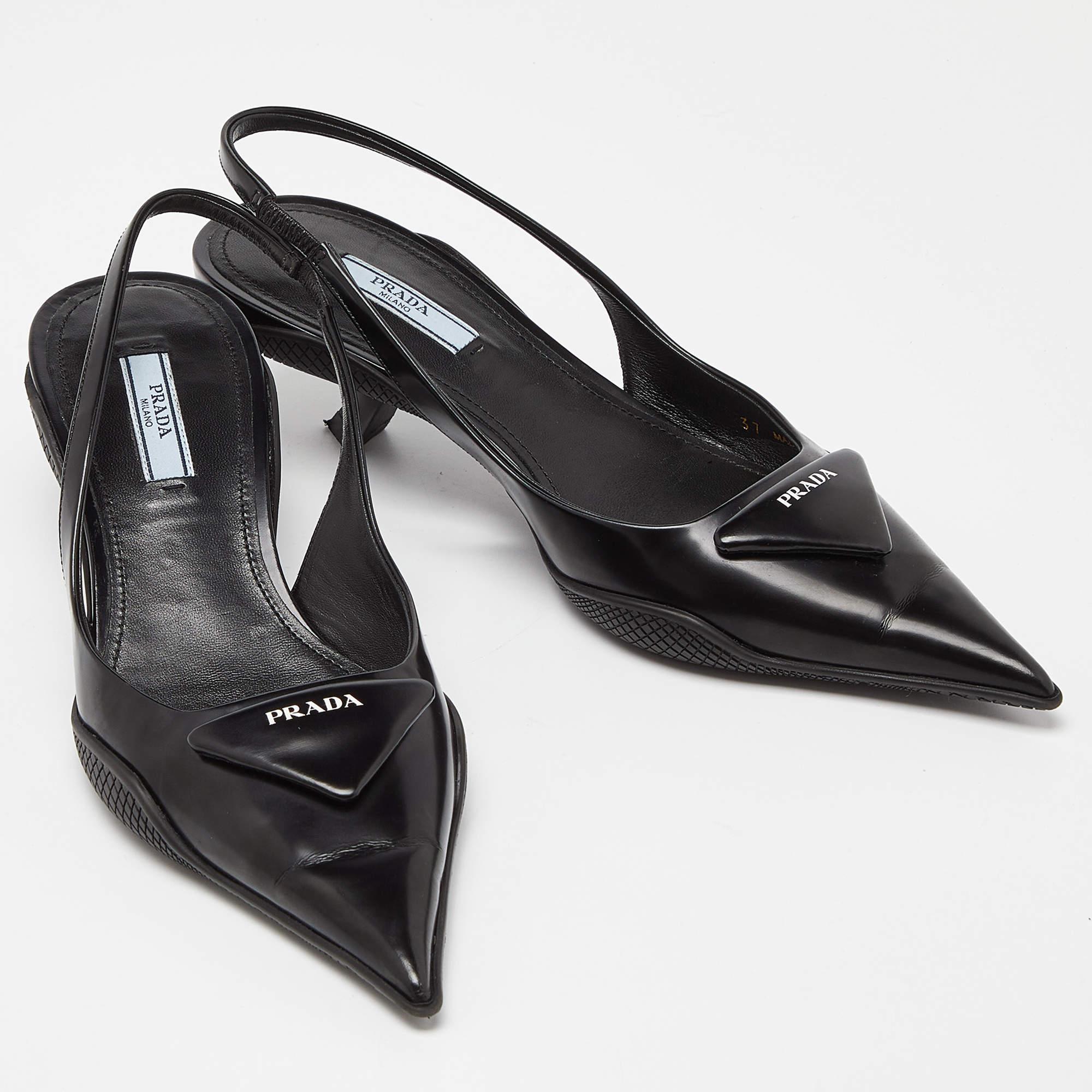 Prada Black Leather Triangle Logo Kitten Heel Slingback Sandals Size 37 1
