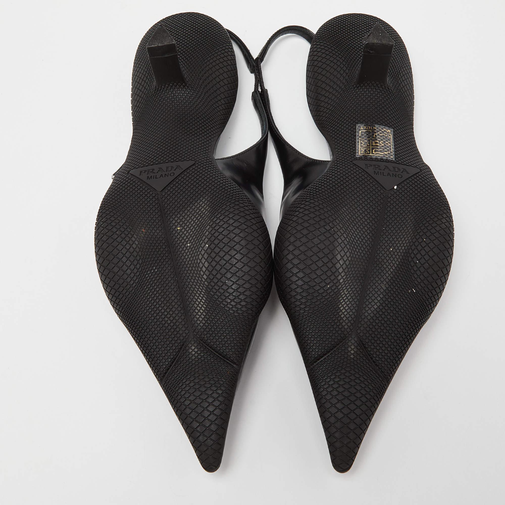 Prada Black Leather Triangle Logo Kitten Heel Slingback Sandals Size 37 3