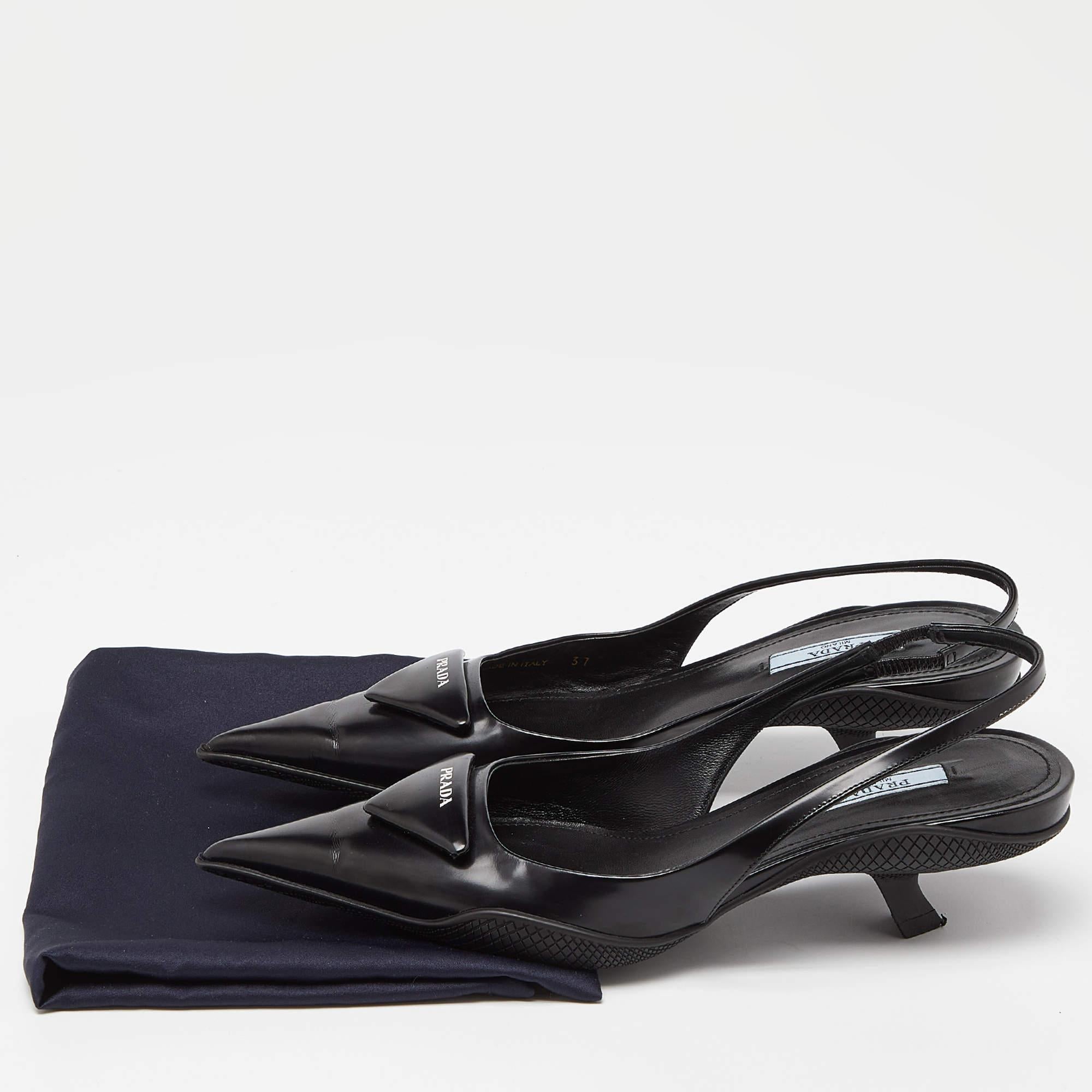 Prada Black Leather Triangle Logo Kitten Heel Slingback Sandals Size 37 5