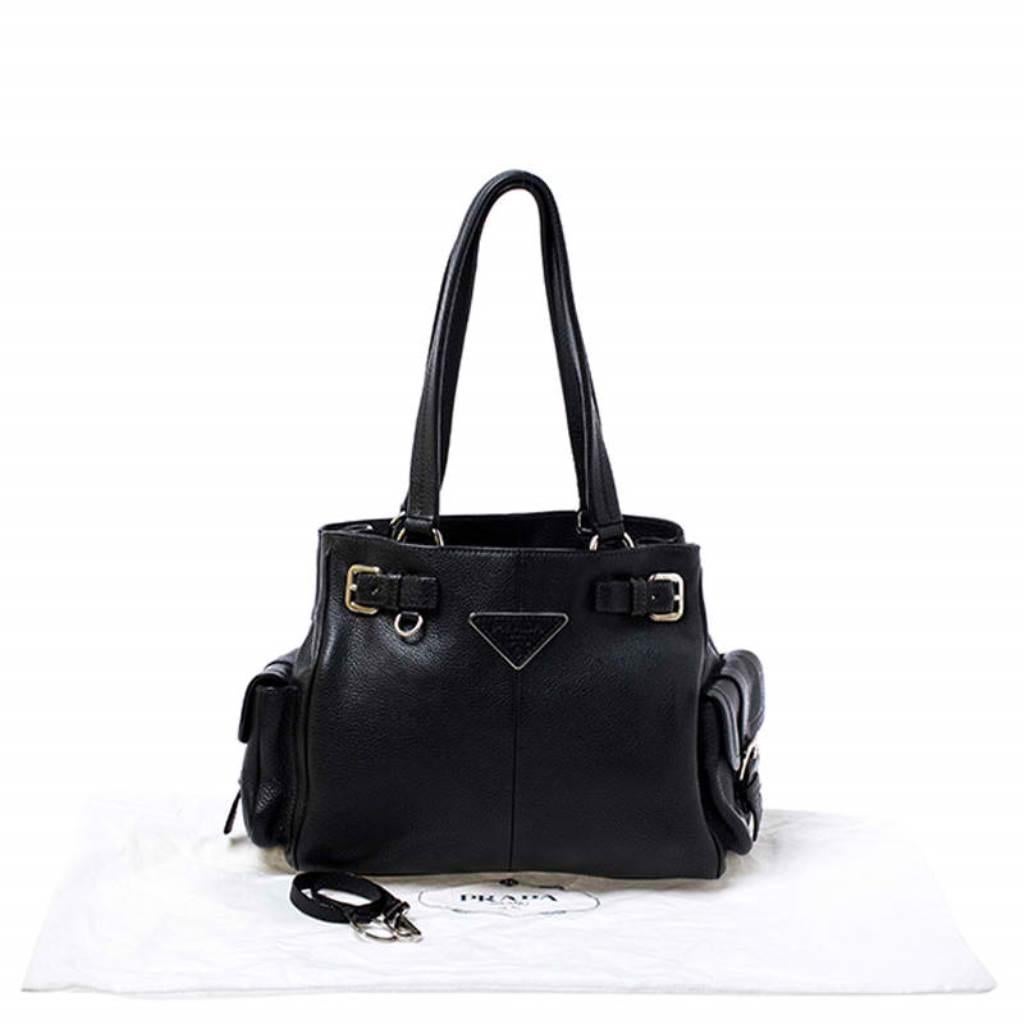 Prada Black Leather Vitello Daino Side Pocket Shoulder Bag 7