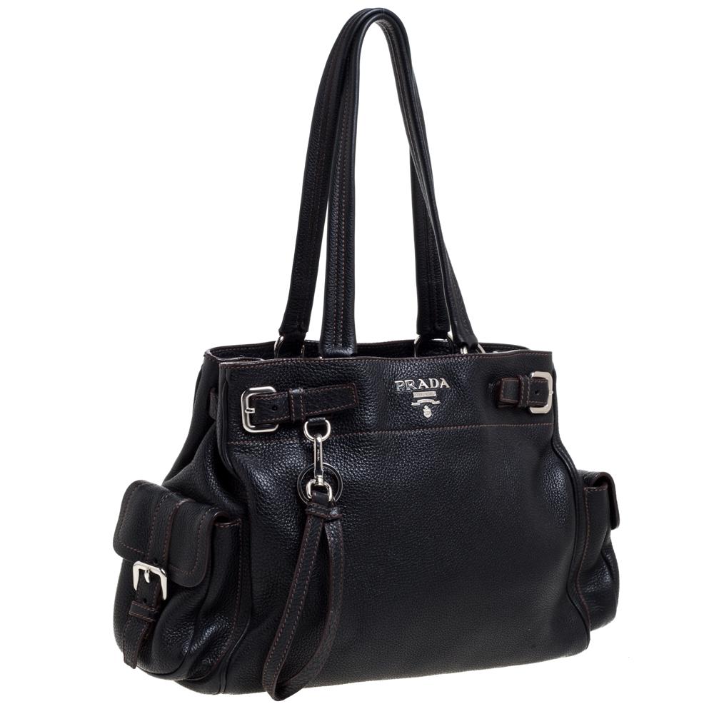 Women's Prada Black Leather Vitello Daino Side Pocket Shoulder Bag