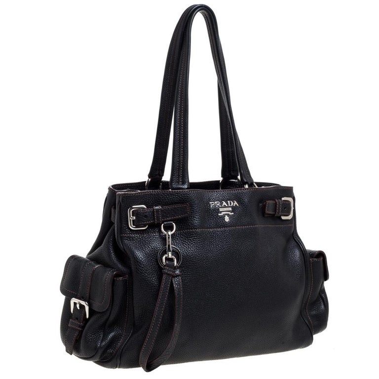 PRADA Vitello Daino Side-Pocket Leather Tote Shoulder Bag Beige