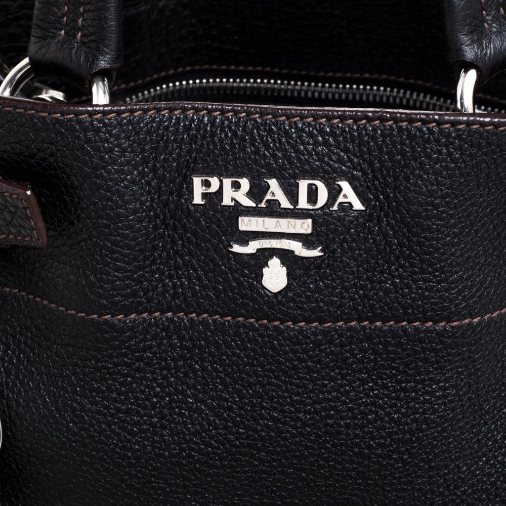 Prada Black Leather Vitello Daino Side Pocket Shoulder Bag 2