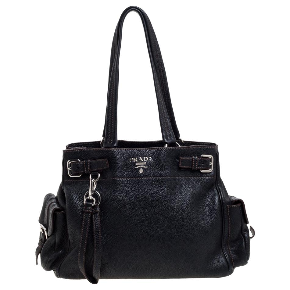 Prada Black Leather Vitello Daino Side Pocket Shoulder Bag