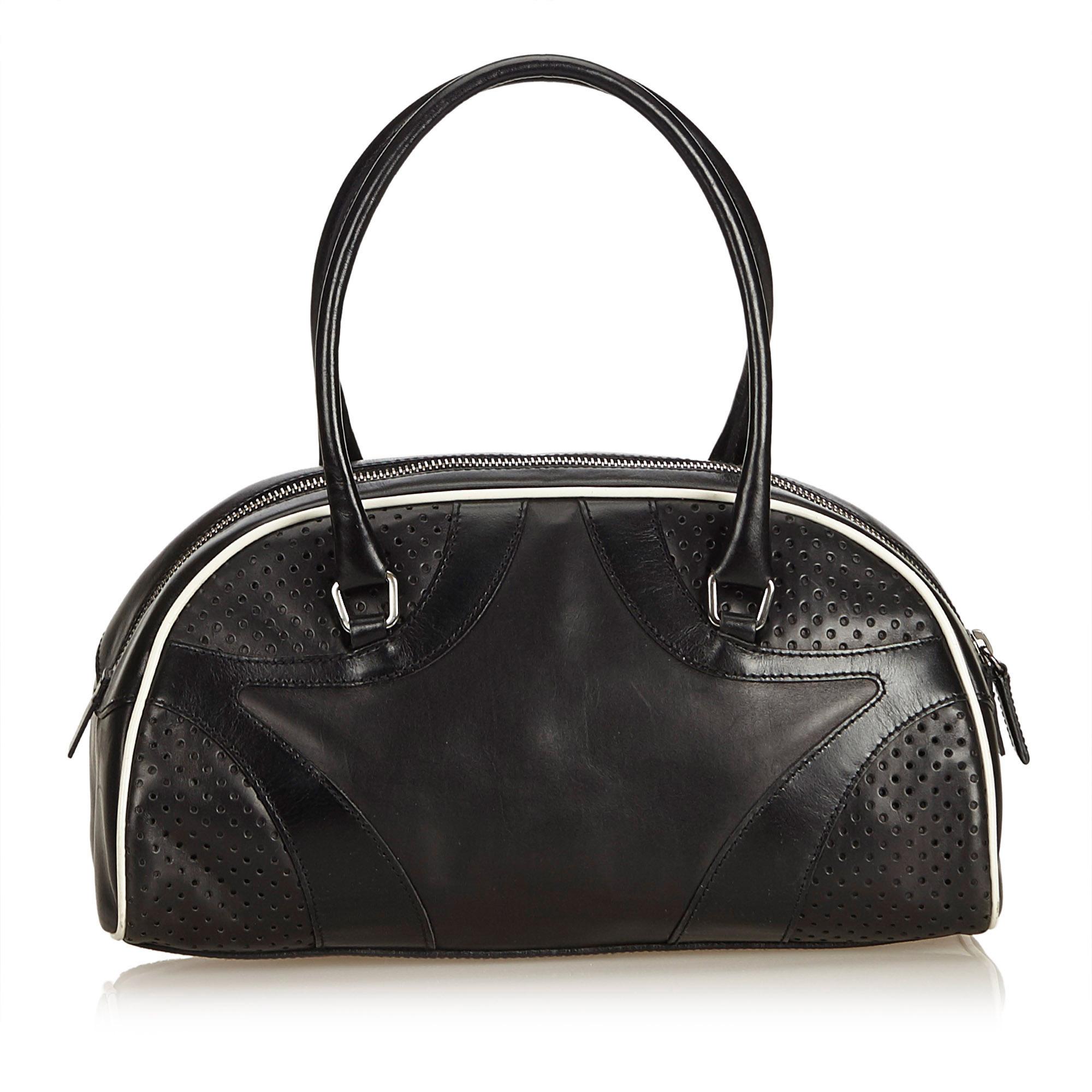 Prada Black Leather Vitello Drive Perforated Bowling Bag In Good Condition In Orlando, FL