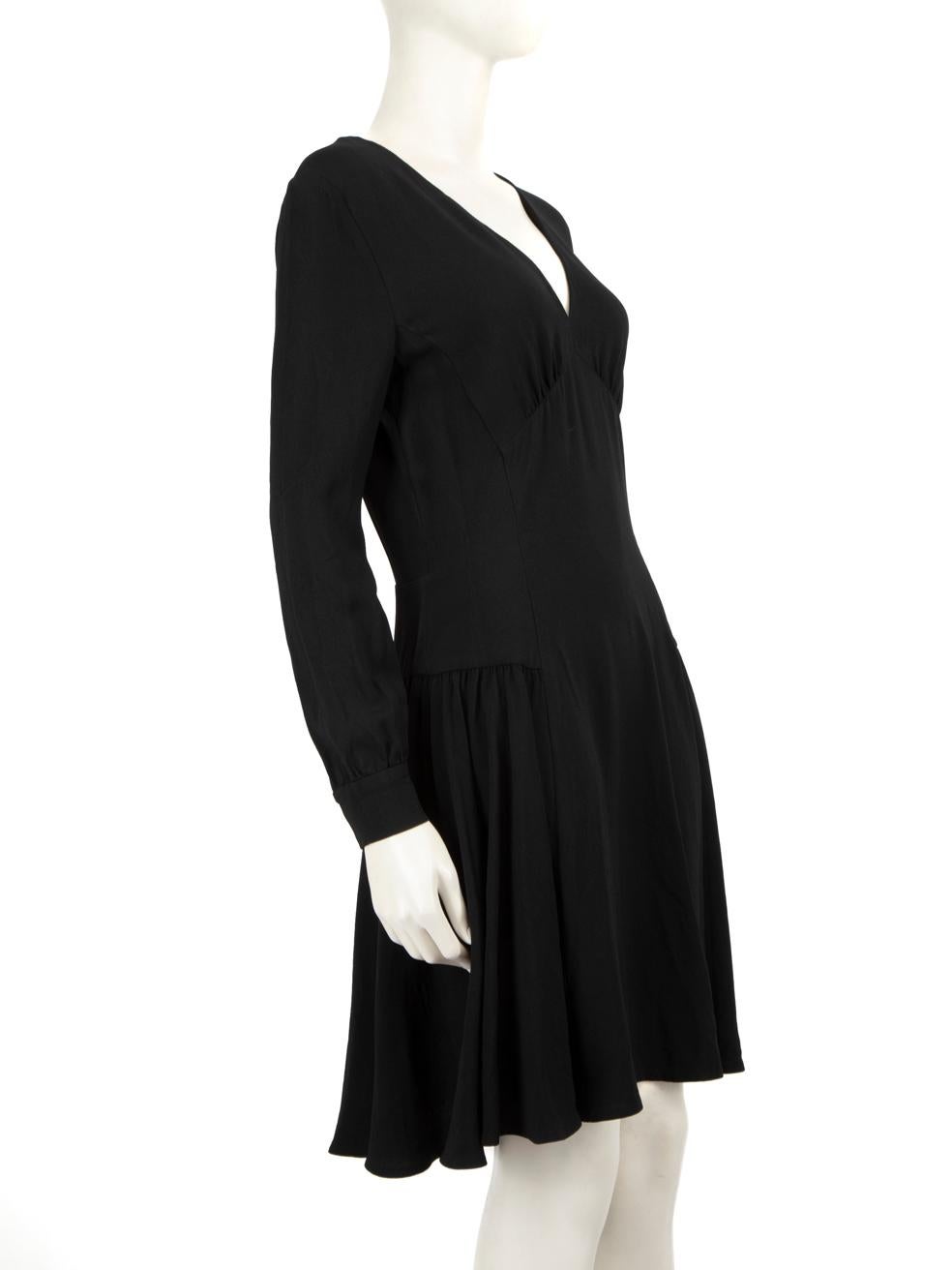 CONDITION is Very Good. Hardly any visible wear to dress is evident on this used Prada designer resale item.
 
 
 
 Details
 
 
 Black
 
 Synthetic
 
 Dress
 
 Knee length
 
 Long sleeves
 
 V-neck
 
 Back zip and hook fastening
 
 Gathered skirt
 
