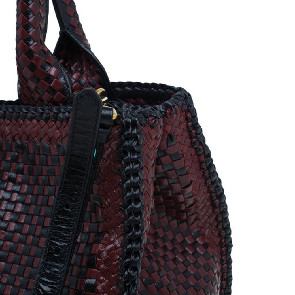 Prada Black Maroon Woven Leather Madras Tote 4