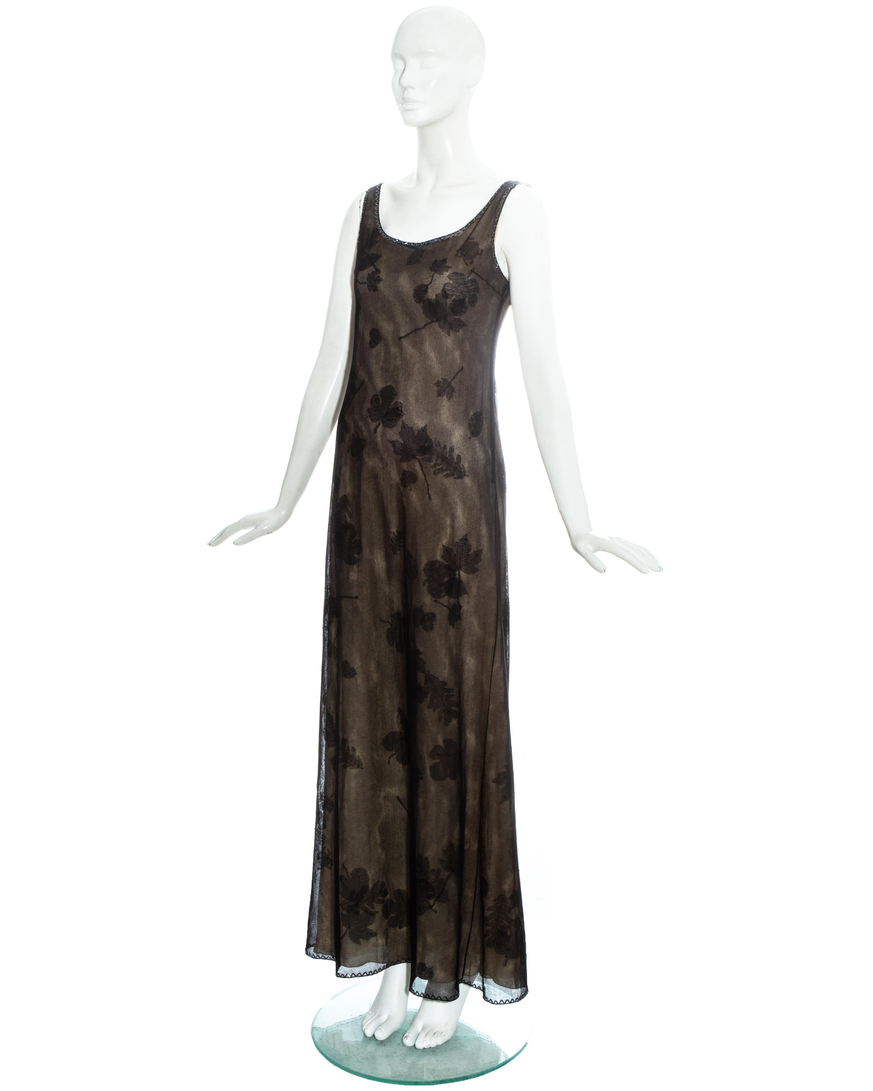 Prada black mesh maxi dress with beading and appliquéd fabric leaves ...