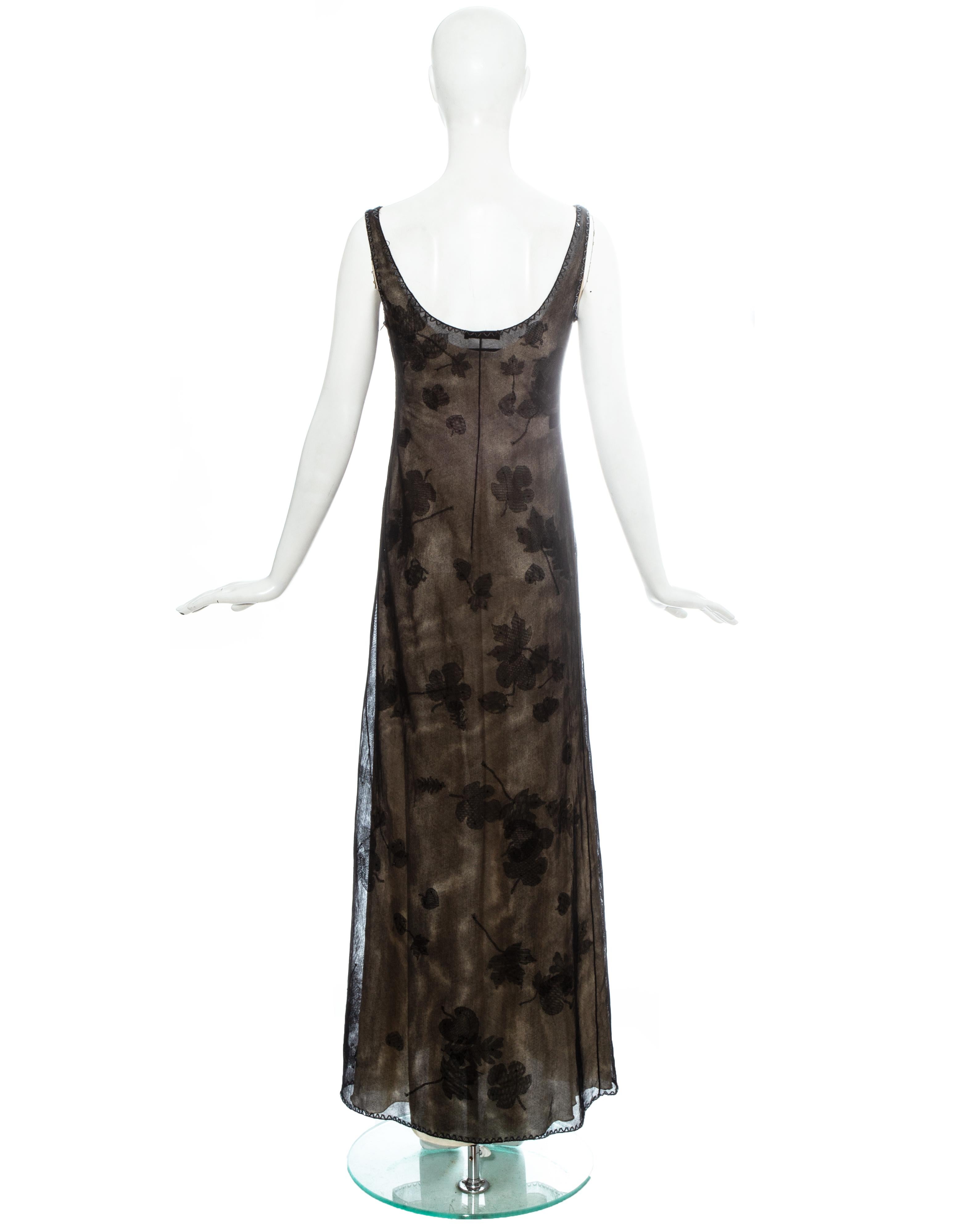 Prada black mesh maxi dress with beading and appliquéd fabric leaves, fw 1999 In Good Condition In London, GB