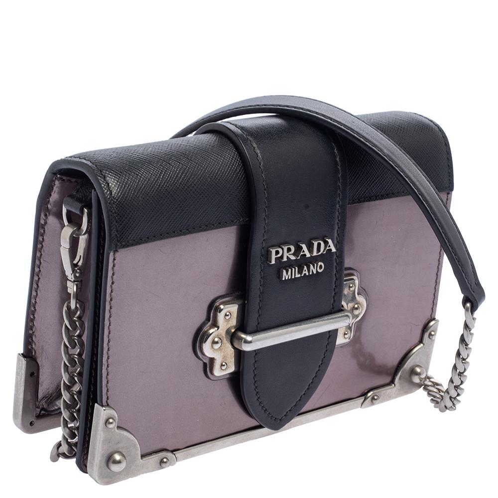 Gray Prada Black/Metallic Saffiano Lux and Leather Cahier Shoulder Bag