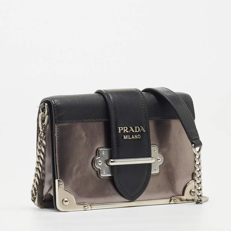 Prada Black/Metallic Saffiano Lux and Patent Leather Cahier Bag In Fair Condition In Dubai, Al Qouz 2