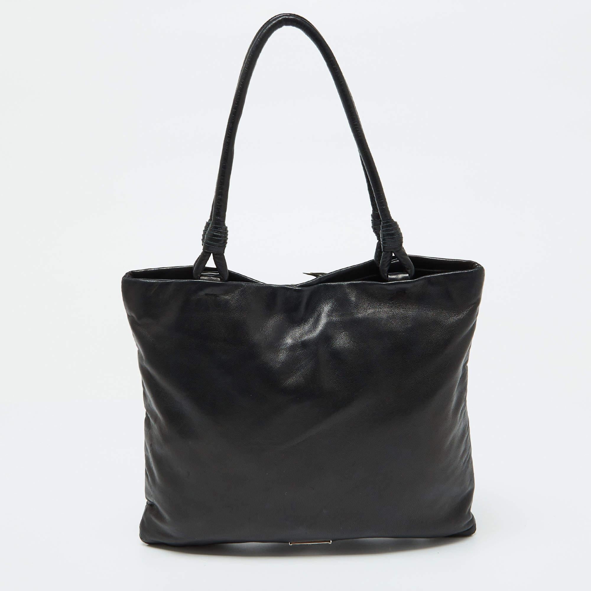 Women's Prada Black Nappa Leather Gaufré Floral Tote