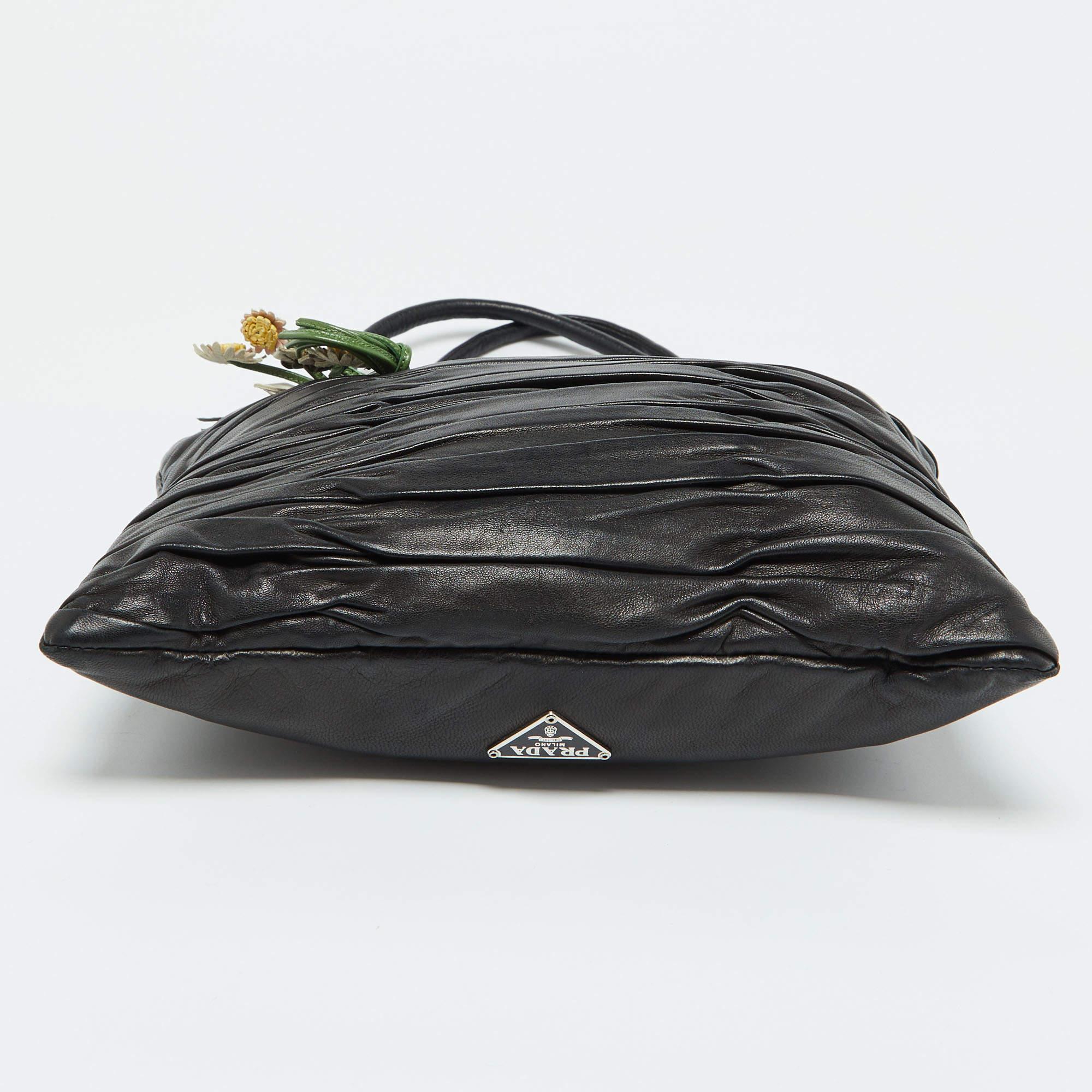 Prada Black Nappa Leather Gaufré Floral Tote 2