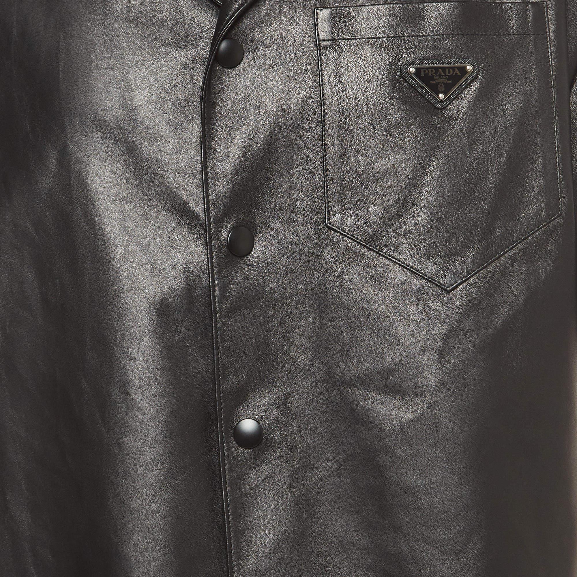 Prada Black Nappa Leather Metal Logo Embellished Shorts and Shirt Set M 1