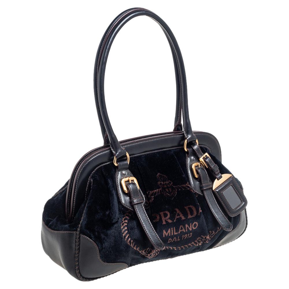 Prada Black/Navy Blue Velluto Jacquard Frame Bag In Good Condition In Dubai, Al Qouz 2