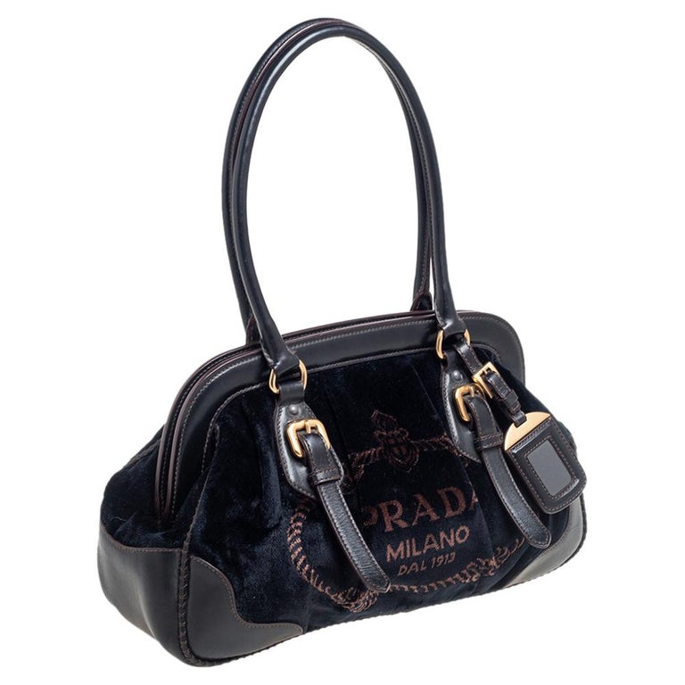 Prada Black/Navy Blue Velluto Jacquard Frame Bag For Sale at 1stDibs