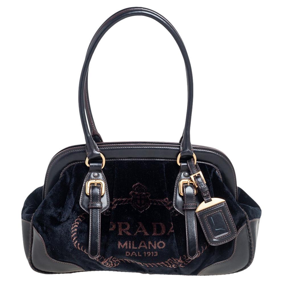 Prada Black/Navy Blue Velluto Jacquard Frame Bag