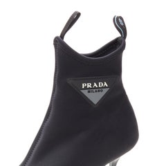 PRADA black neoprene Triangle rubber logo peep toe high heel sock bootie EU36.5