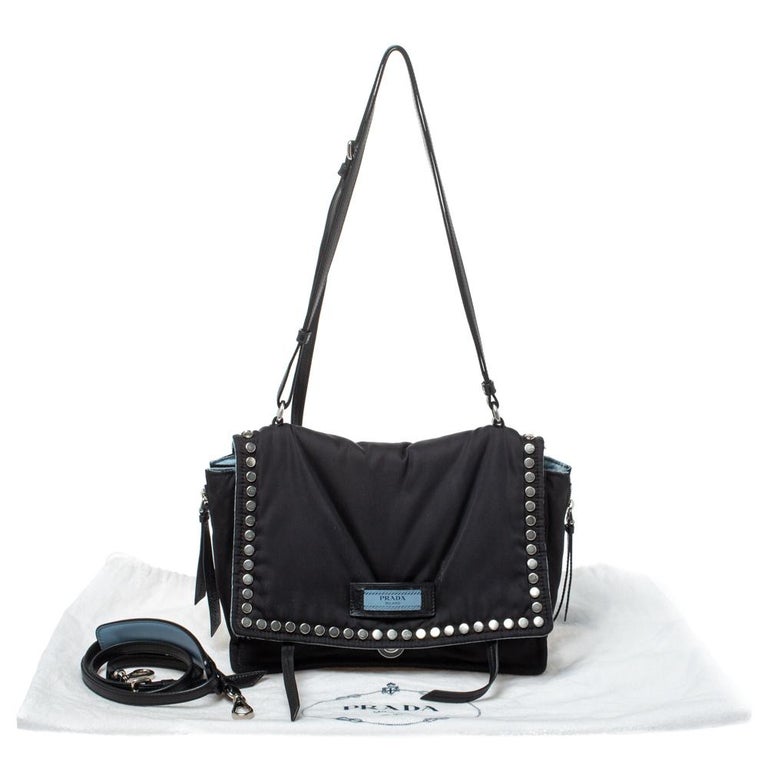 Prada Black Nylon and Leather Etiquette Studded Flap Shoulder Bag For Sale  at 1stDibs