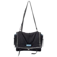 Prada Black Nylon and Leather Etiquette Studded Flap Shoulder Bag