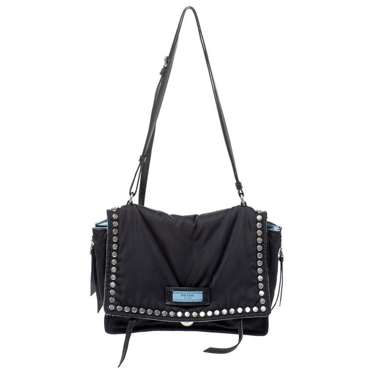 Prada Black Nylon and Leather Etiquette Studded Flap Shoulder Bag at