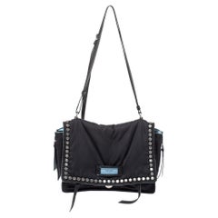 Prada Black Nylon and Leather Etiquette Studded Flap Shoulder Bag