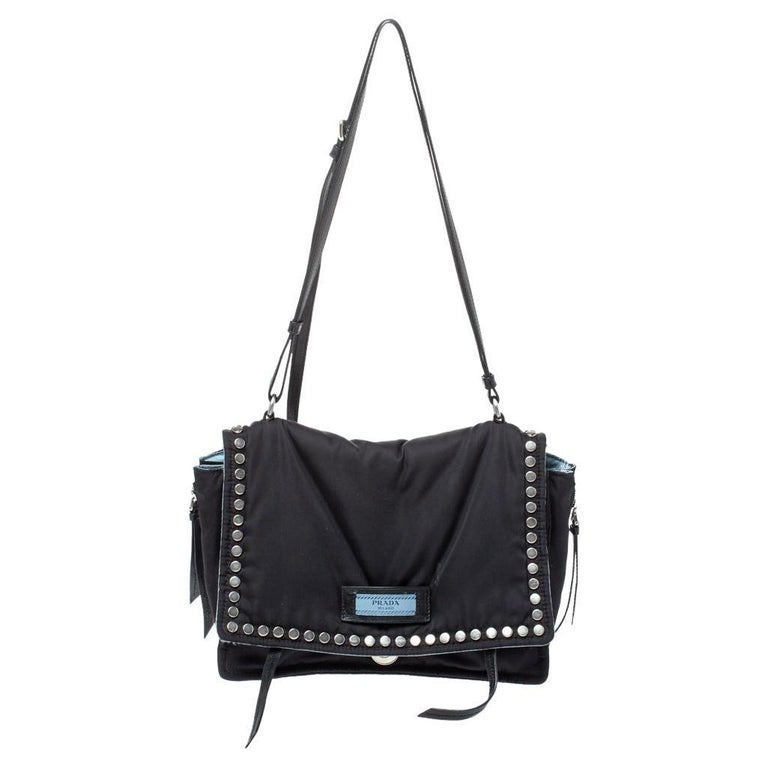 Prada Black Nylon and Leather Etiquette Studded Flap Shoulder Bag For Sale  at 1stDibs