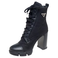 Prada Black Nylon And Leather Lace up Ankle Boots Size 40.5
