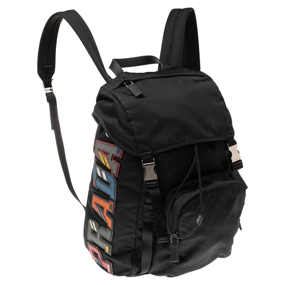 Prada Black Nylon and Leather Logo Patches Backpack In Good Condition In Dubai, Al Qouz 2