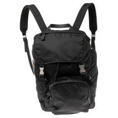 Used Prada Black Nylon and Leather Logo Patches Backpack