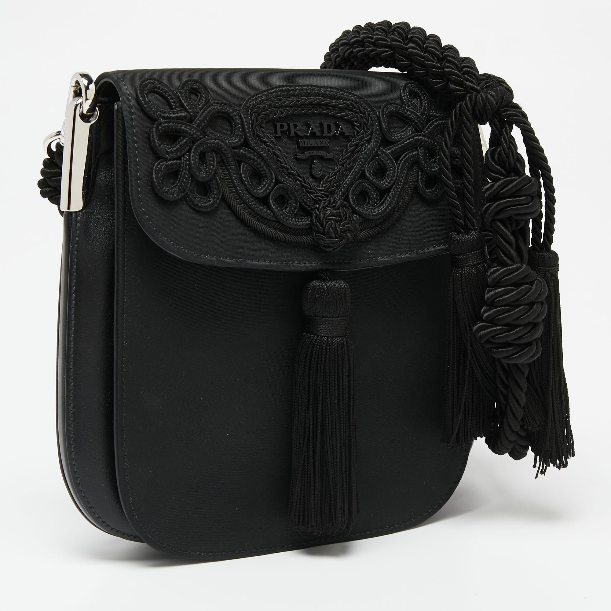Women's Prada Black Nylon and Leather Margit Tassel Flap Shoulder bag