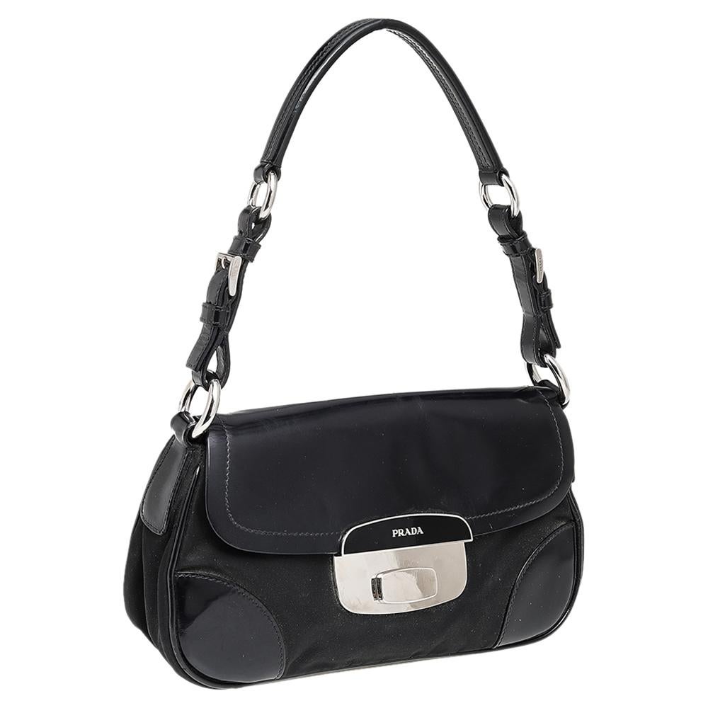 Women's Prada Black Nylon and Leather Pushlock Shoulder Bag