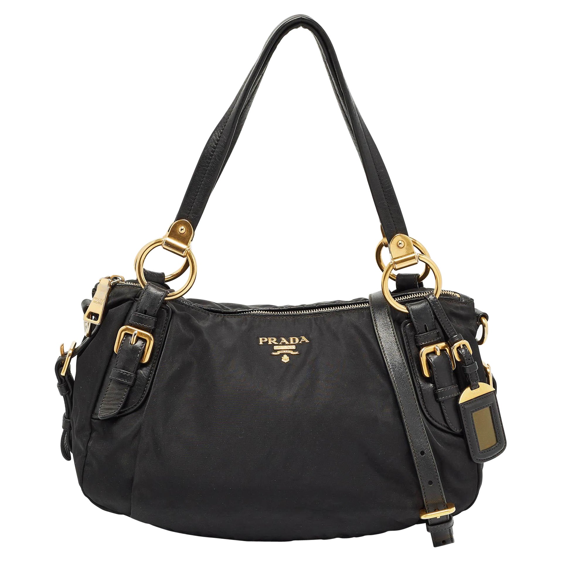 Prada Black Nylon and Leather Ring Handle Hobo