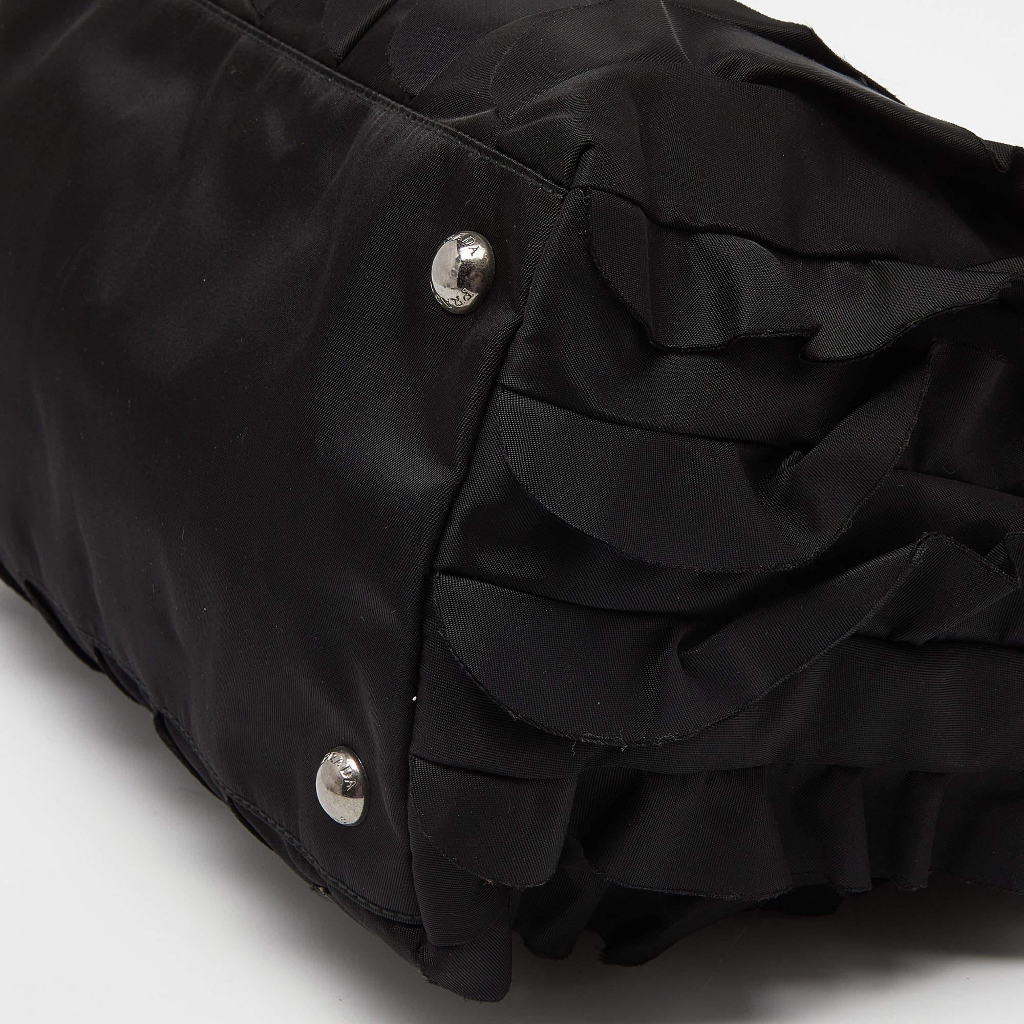 Prada Black Nylon and Leather Ruffle Tote For Sale 3