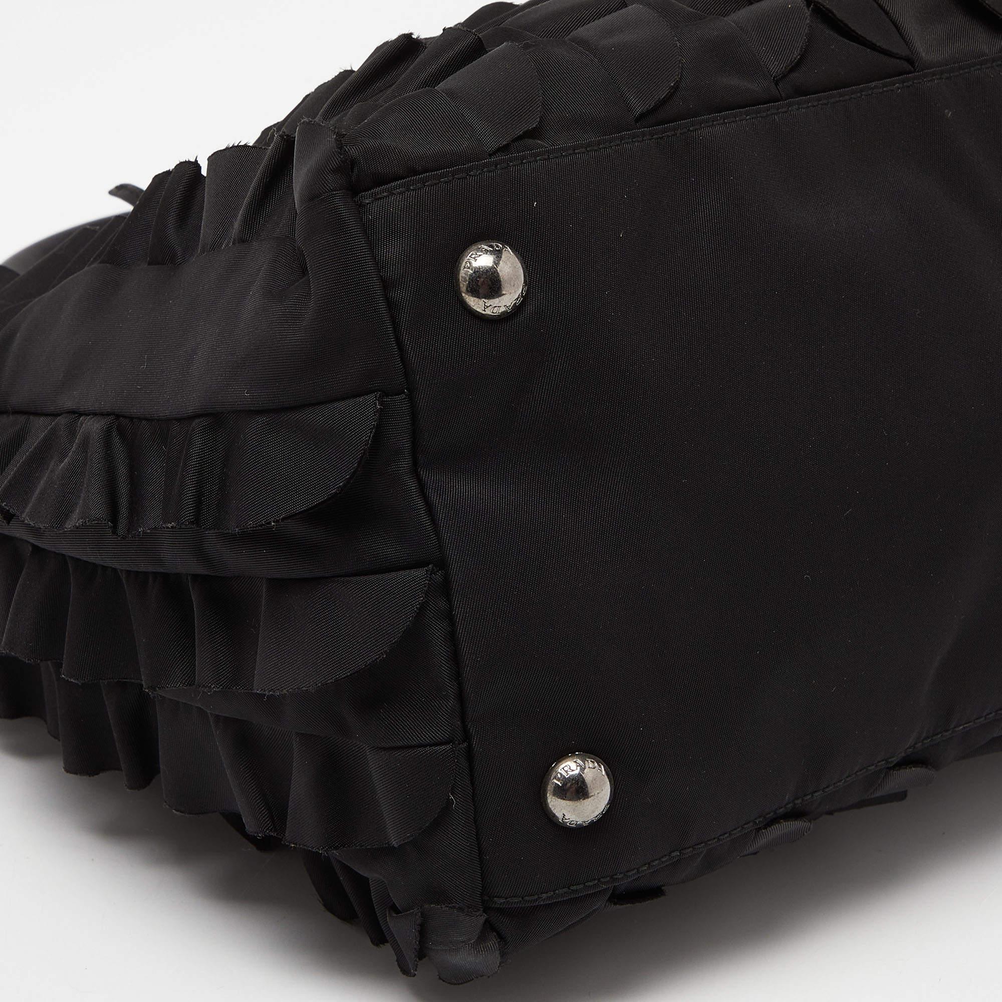 Prada Black Nylon and Leather Ruffle Tote For Sale 4
