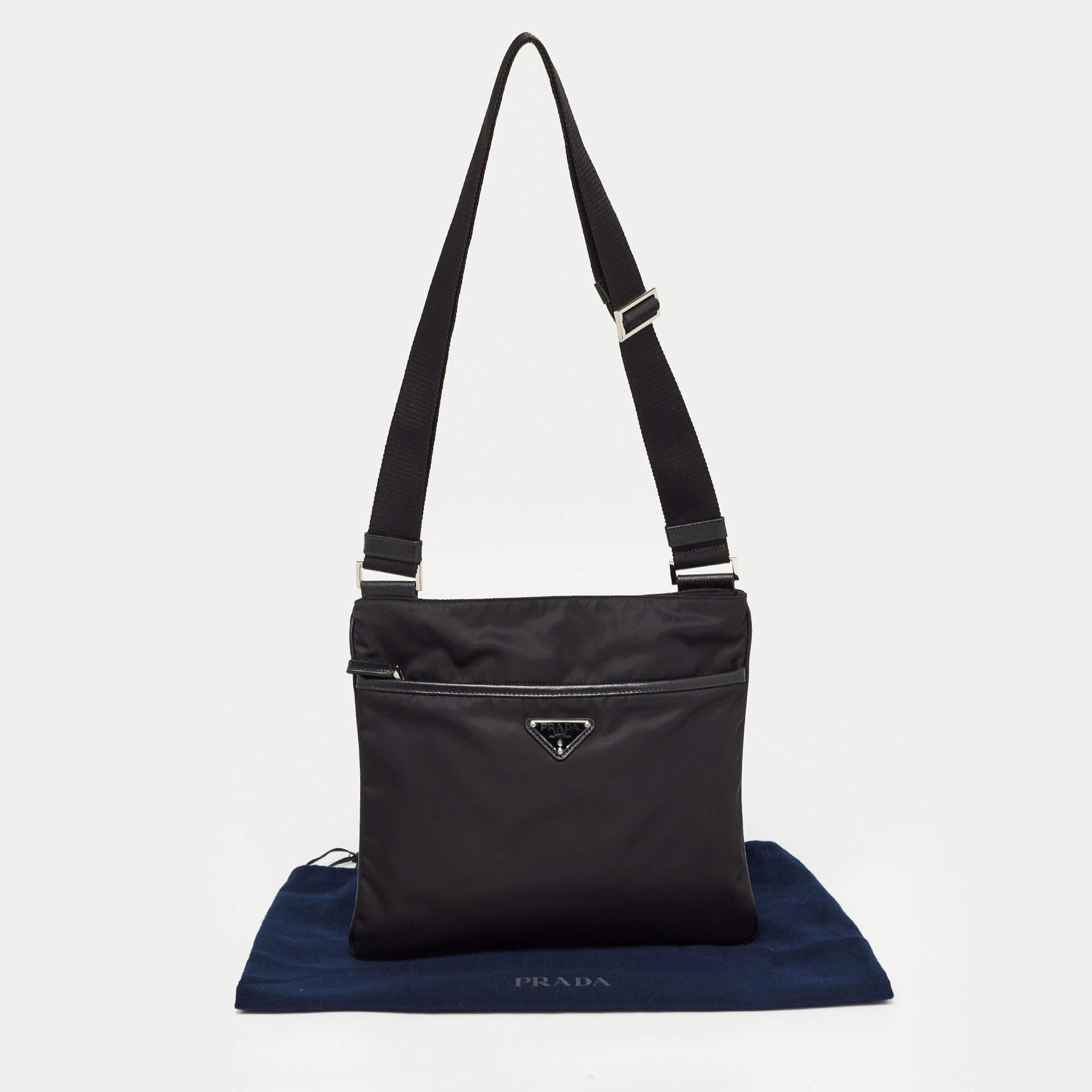 Prada Black Nylon and Leather Triangular Logo Messenger Bag 7