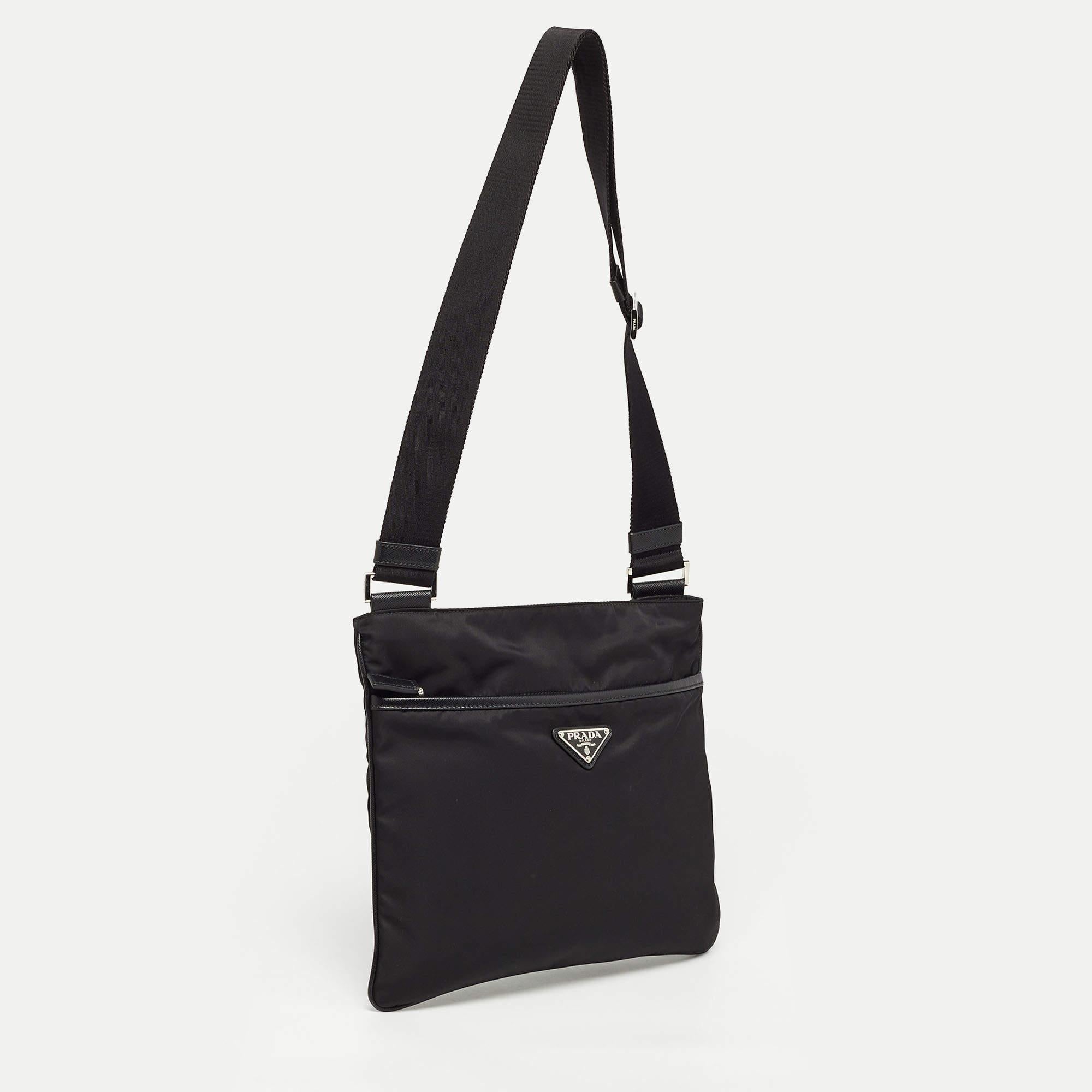 Women's Prada Black Nylon and Leather Triangular Logo Messenger Bag