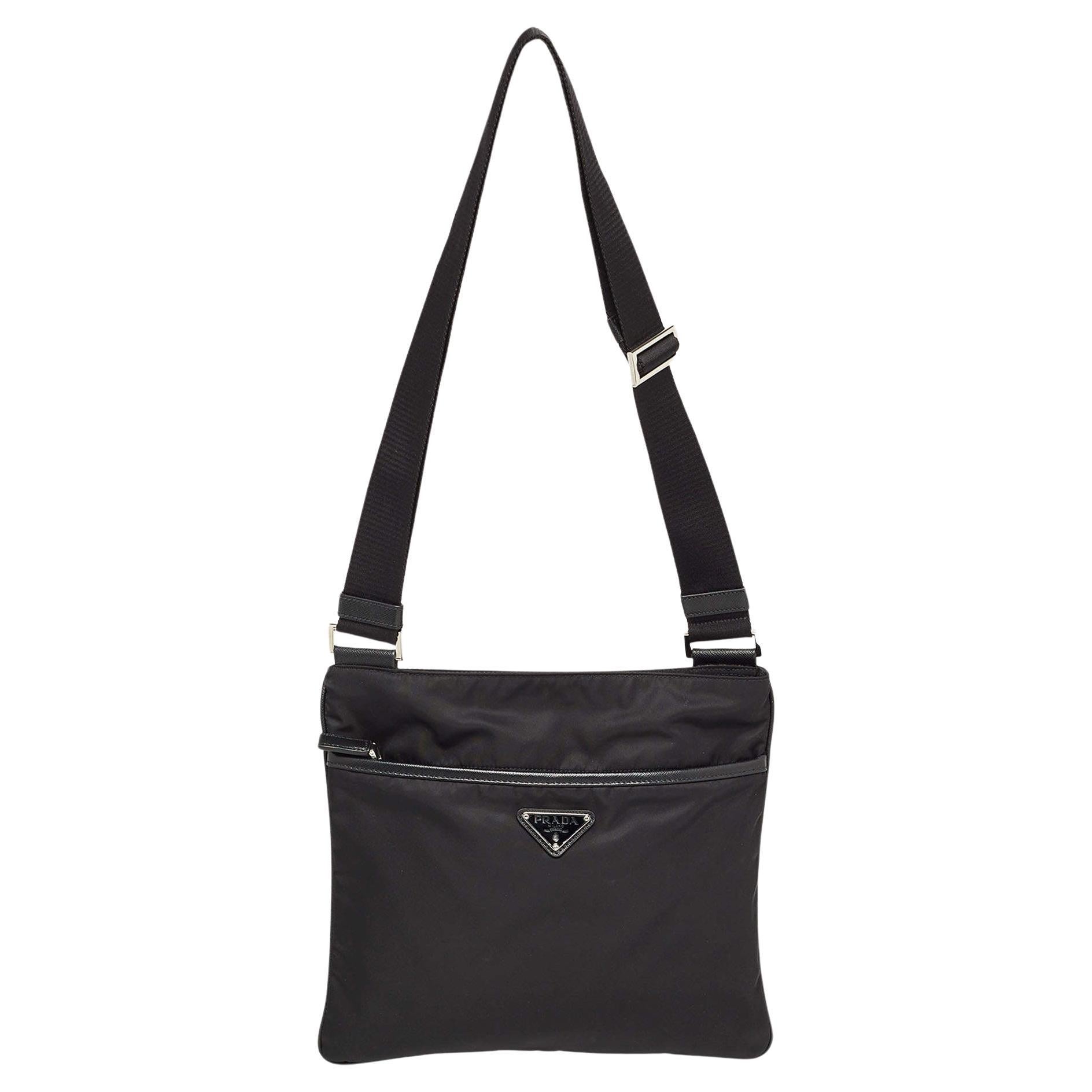 Prada Black Nylon and Leather Triangular Logo Messenger Bag