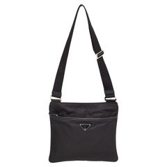 Prada Black Nylon and Leather Triangular Logo Messenger Bag