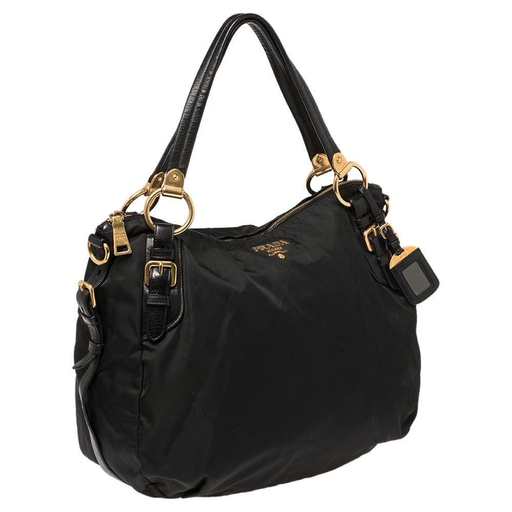 Women's Prada Black Nylon and Leather Zip Shoulder Bag