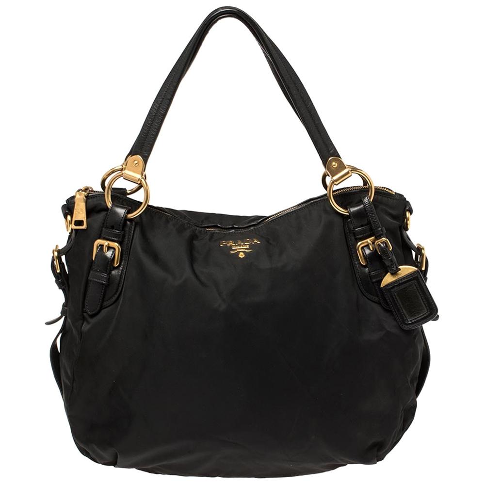 Prada Black Nylon and Leather Zip Shoulder Bag