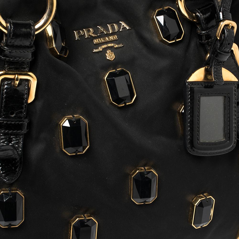 Prada Black Nylon and Patent Leather Pietre Embellished Tote 1