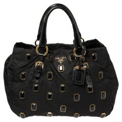 Prada Black Nylon and Patent Leather Pietre Embellished Tote