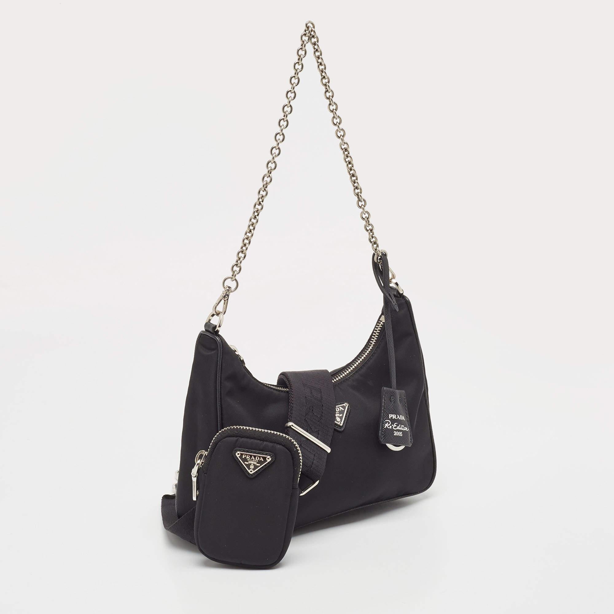 Women's Prada Black Nylon and Saffiano Leather Re-Edition 2005 Shoulder Bag