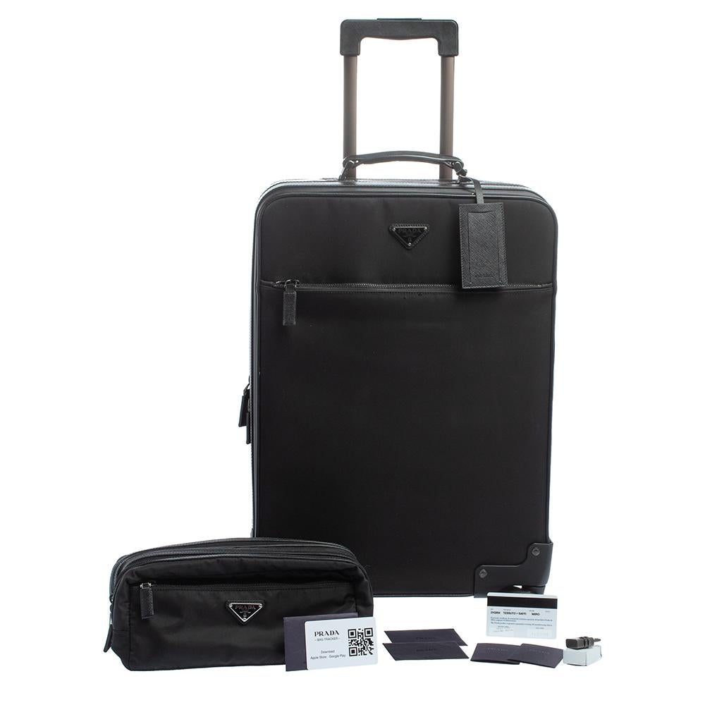 Prada Black Nylon and Saffiano Leather Trim 4 Wheel Luggage 9