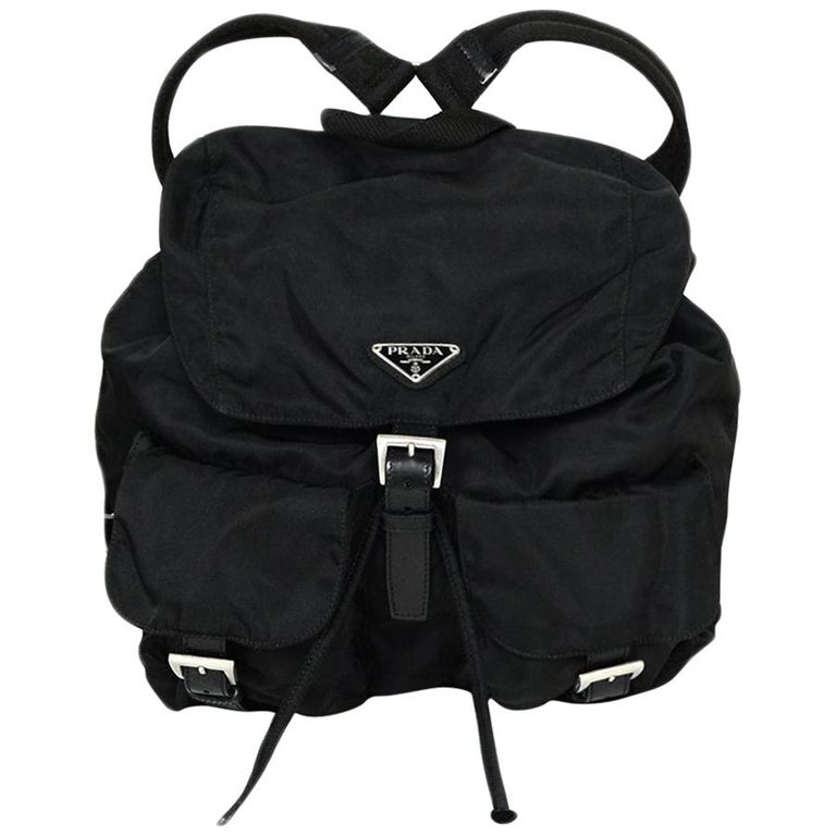 Prada Black Nylon Backpack Bag with Two Front Buckle Pockets at 1stDibs