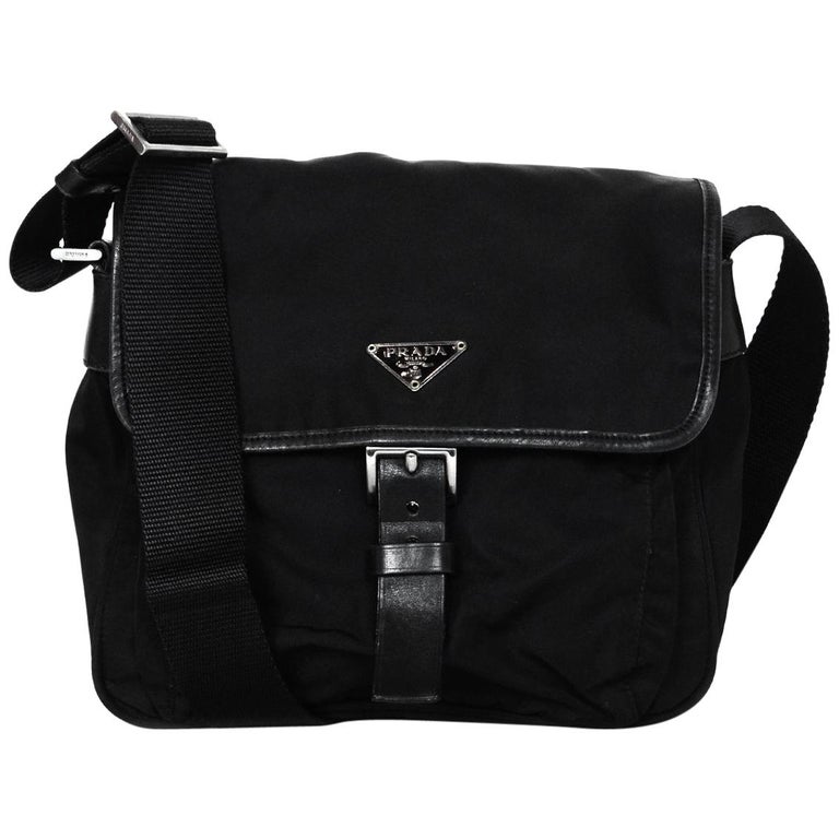Prada Black Nylon Buckle Messenger Bag w/ Back Zip For Sale at 1stDibs