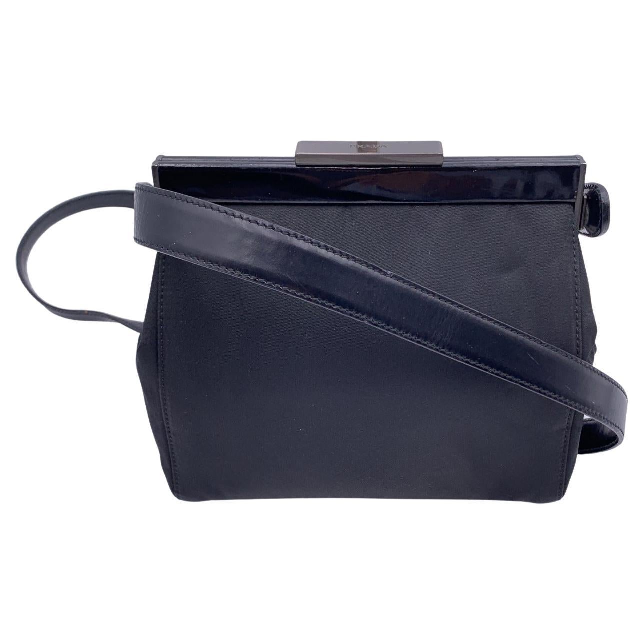 Prada Black Nylon Canvas and Leather Framed Shoulder Bag