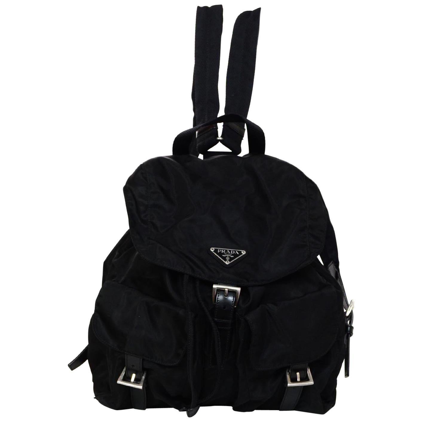 Prada Black Nylon Double Buckle Pocket Backpack Bag