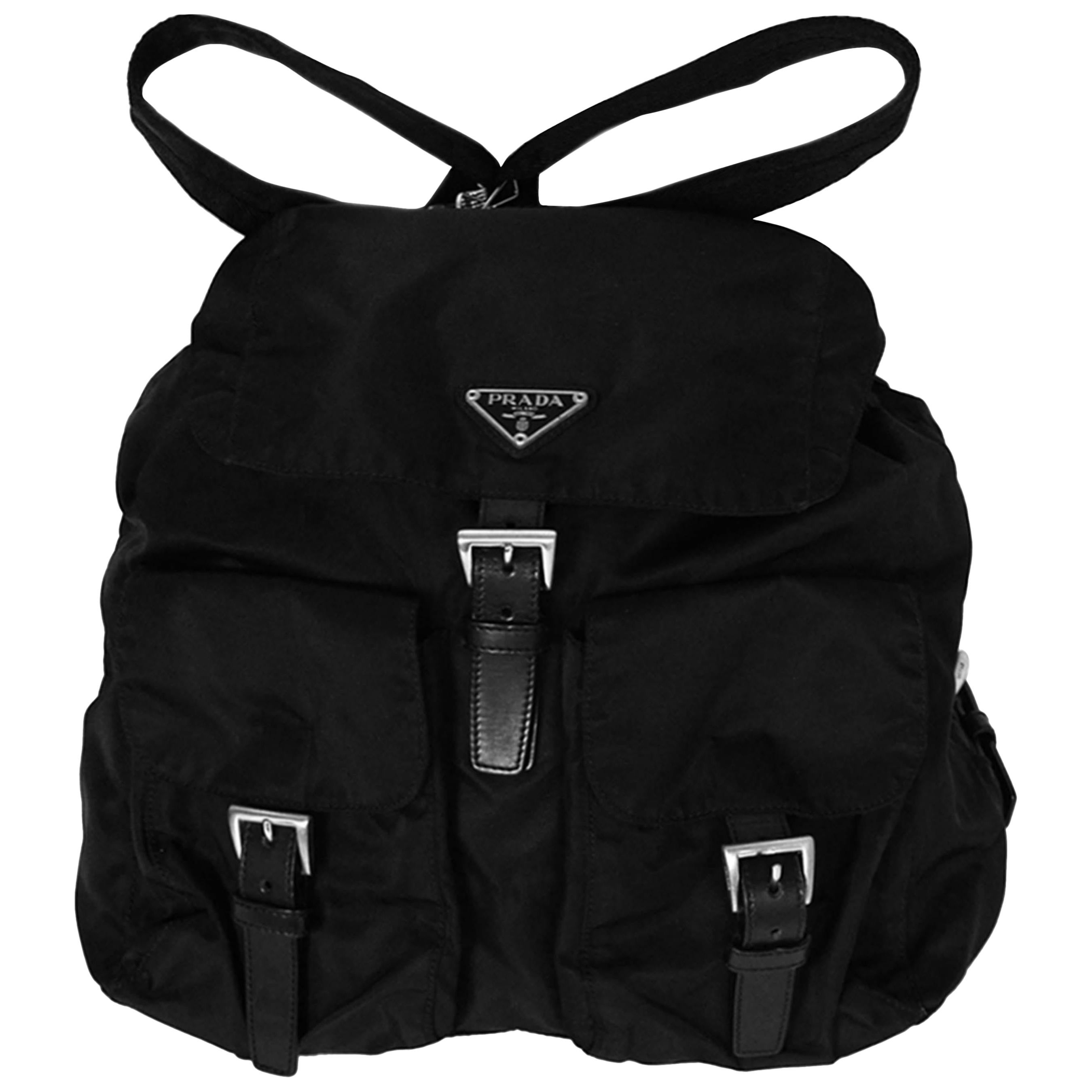 Prada Black Nylon Double Buckle Pocket Backpack Bag w/ Leather Trim